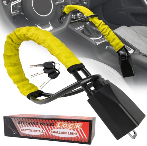 Verrou de Volant Double Antivol avec 3 Clés Facile à Verrouiller ou Déverrouiller Ajustement Universel pour Voiture, Van, Camion, SUV (Jaune)