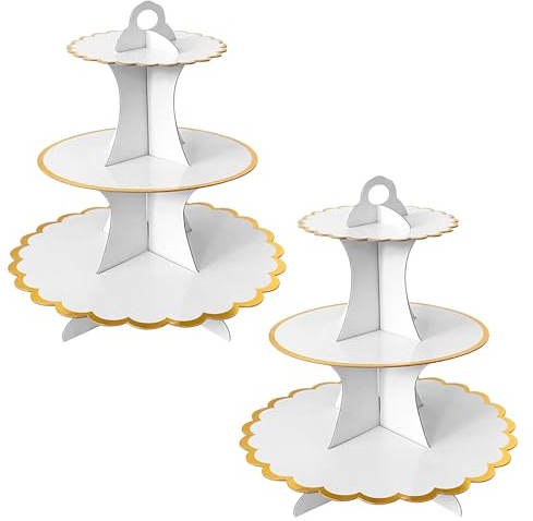 2 soportes de cartón blanco para tartas, soporte para cupcakes de 3 niveles, soporte para postres de cartón, torre redonda PYGHAP para té de la tarde, cumpleaños, fiesta, baby showers