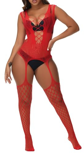 XIUSEMY Sexig bodysuit för dam, helkroppsstrumpa, fisknätsstrumpa, bady doll, sovkläder, En Storlek