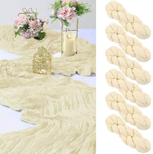 MUUKAIII 6 Stück Tischläufer Beige 90x300 cm käsetuch tischläufer Gaze Musselin tischläufer Boho Hochzeit für Hochzeitsdeko, Tischdeko Geburtstag, Babyparty