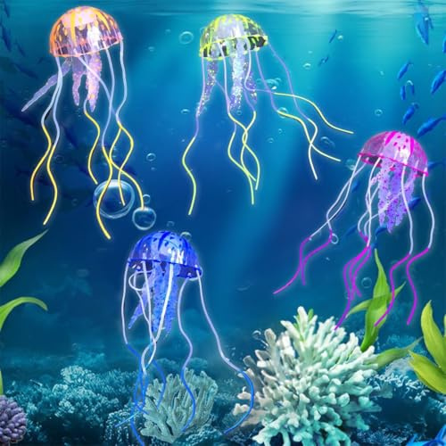 Decorazioni per acquario, 4 pezzi, meduse colorate con effetto luminoso, decorazioni per acquari, ornamento per vari acquari Aquarium Ornament Silicone Meduse Fish Tank Decoration