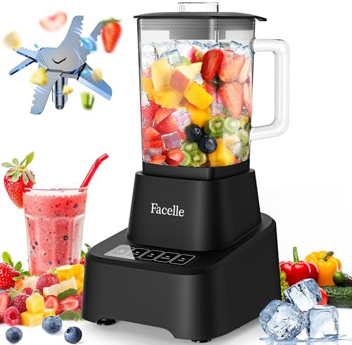 Facelle Frullatore Elettrico per Cucina, Frullatore in Vetro da 1,6L per Frullati e Frappè, con touchscreen 3+P Velocità, Spazzola per la Pulizia e Lama in Acciaio Inox Removibile - Nero