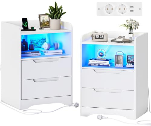 Brinlawb Set di 2 Comodino Camera da Letto con luce LED e Stazione di Ricarica (2 Prese CA, 2 Porte USB) Comodini Camera da Letto con 1 vano aperto e 2 cassetti per Soggiorno, Camera da Letto, Bianco