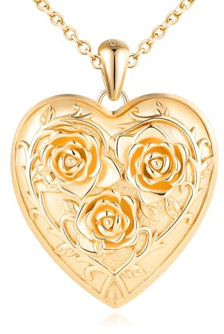 Yumilok Halskette Damen Kette Silber 925 Anhänger Herz Rose Blume Herz Medaillon zum Öffnen für Bilder Amulett