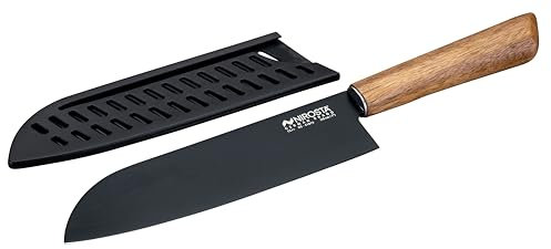 Nirosta Coltello da cucina Santoku in acciaio inox, lama con rivestimento antiaderente, manico in acacia 100% FSC, coltello con custodia protettiva, lavare a mano, dimensione 24 cm, Linea Flow