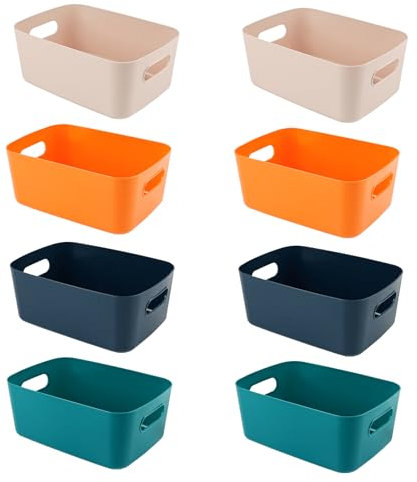 KissDate 8PCS Colorful Plastic Medium-Sized Storage Boxes, 6.7x9.7x3.9in With Handle Storage Baskets, Suitable For Shelves, Kitchens, Offices, Refrigerators, Bathrooms, Homes, Rectangular Storage Box