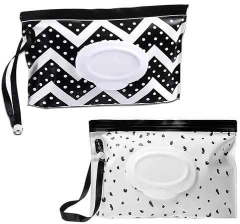 Wet Wipes Bag for Babies - 2pcs Reusable Wet Wipe Bags - Wet Wipes Bag for On The Go,Baby Wet Wipe Pouch - Portable Wet Wipe Bag,Baby Wet Wipe Pouch,Reusable Wet Wipe Pouch (B+W)