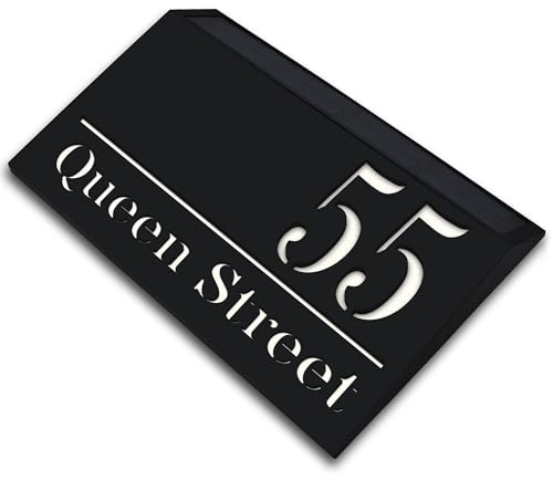 Housics Personalised House Sign with Solar Light, Laser Cut LED Door Number Plaque for Wall 180×280mm, Black Weatherproof Custom Name Plate, Light Up Door Number Sign with street name and number