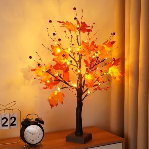 ACAREY Herbstdeko Ahornblatt Baum Lichter mit Timer & 24 LEDs, Herbst Deko Lichterbaum Für Innen mit USB & Batteriebetrieben, 60cm Lichterbaum Für Tisch Herbstdeko Zum Aufhängen Herbstdeko