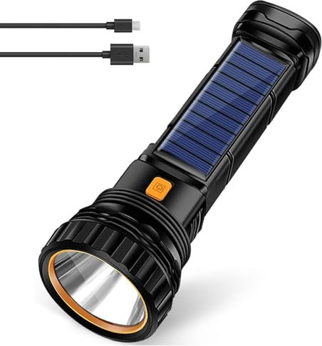 Lampe de poche LED solaire | Lampes flash USB rechargeables | Lampe solaire d'extérieur multifonction | Lampe torche LED de camping pour les urgences, le camping, la randonnée, la pêche, le travail,