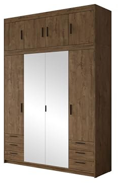 Mirjan24 Kleiderschrank Elena 4D6S mit Frontspiegel und 6 Schubladen, Drehtürenschrank mit Kleiderstange und 9 Einlegeböden, Schlafzimmerschrank (Lefkas Eiche, Mit Schrankaufsatz)