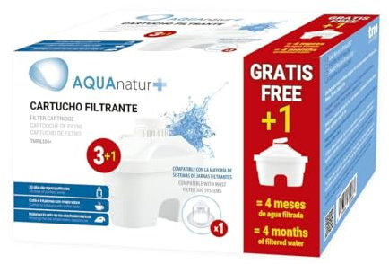 Brightium Filtres de carafe pour purification de l'eau 3 + 1 avec adaptateur. Améliore le goût, élimine les impuretés et prolonge la durée de vie des appareils.