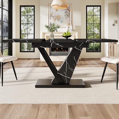 Moimhear Tavolo da Pranzo Telescopico, Tavolo da Cucina, Tavolo Allungabile, Per Cucina e Soggiorno, Tavolo da Pranzo con Design in Marmo Nero (160 x 75 x 75,5 cm (Nero))