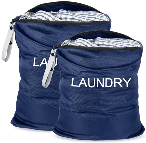 Sacchi da Biancheria,2 Pezzi Impermeabile Sacchi di Nylon con Zip Grande Capacità Borsa da Lavanderia Viaggio Riutilizzabile Sacchetto Organizer Borsa per Vestiti Pieghevole per Gym,Viaggi(Blu navy)
