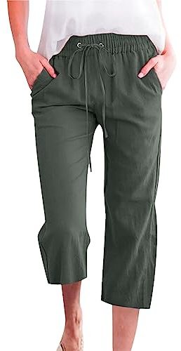 Cropped Linen Trousers for Women Summer Trendy Capri Pants for Women UK 3/4 Length Straight Leg Ladies Trousers Elasticated Waist Drawstring Solid Lounge Pants Joggers Beach Vacation Army Green-A M
