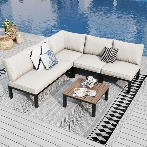 PHI VILLA Gartenmöbel Balkonmöbel Set 5 Teilig, Metall Lounge Möbel Outdoor Gartenlounge Set 5-Sitzer, Terrassenmöbel Modulare Möbel mit Verstärkten Kissen und Kaffeetisch, Beige