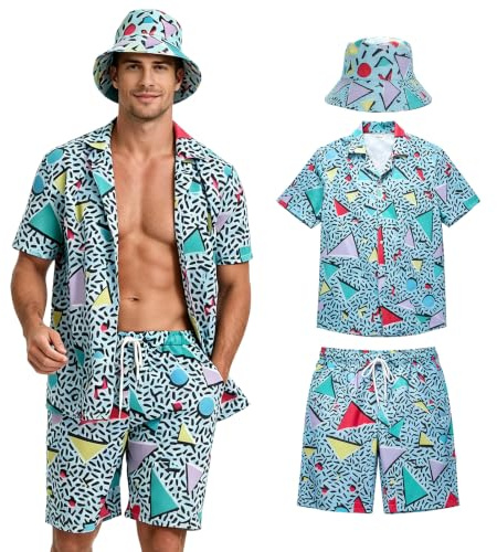 HZVRTN Déguisement hippie années 80 pour homme avec t-shirt et short - 3 pièces - Style rétro des années 80 et 90 - Costume pour fête sur la plage, festival de musique, carnaval, discothèque