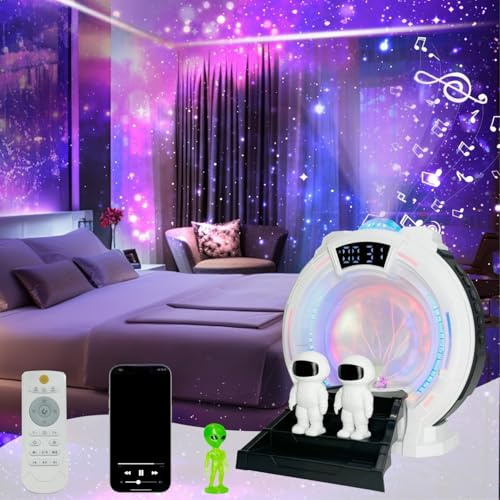 KENGDREK 6-in-1 Aurora Light Projector, Kids Alarm Clock with Projector, Galaxy Star Northern Projectors Night Light for Bedroom with Bluetooth Speaker, Timer, White Noise, Plasma Globe Lamp, Remote