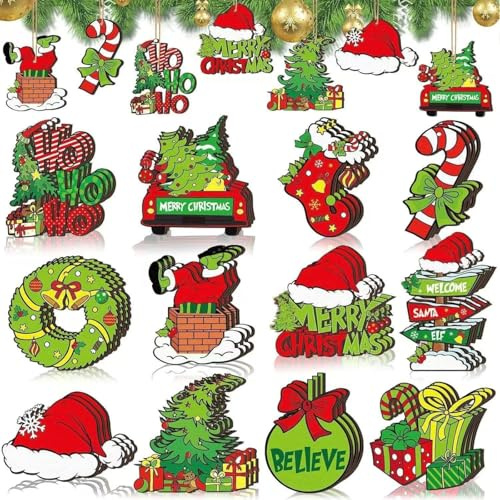 ASQzhuLIWing Set de 24 Adornos para el árbol de Navidad Planos 2D Color Verde Lima Ideales para Decorar Fiestas en casa Feliz Navidad Construyendo un Tema de Cuento de Hadas