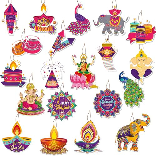 20Pcs Diwali Decorations for House, Happy Diwali Paper Pendant with Diyas Rangoli Peacock Ganesh Elephant for Indian Wedding Pooja Decor Ornament