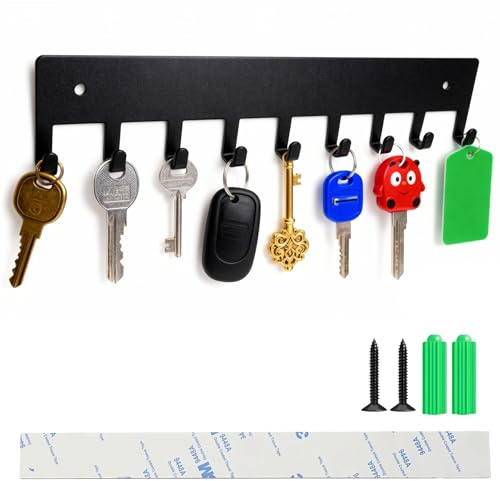 Dreamark Schlüsselbrett Schwarz mit 8 Haken, Wand Organizer für Schlüssel, Schlüsselhalter Selbstklebend oder Zum Bohren, Ideal für Flur, Küche, Badezimmer & Eingang, Key Board Praktisch und Robust