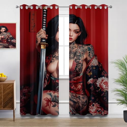 Mistela Vorhänge Sexy Frau - Verdunklungsvorhänge mit Ösen Asiatisch Sexy Girl Wohnzimmer Gardinen Vorhänge kurz Schlafzimmer Küchengardine Decor - 2er Set - H137 x B117cm, Red