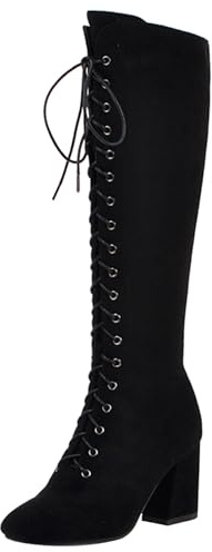 Gicoiz Mode Bout Carré Genoux Suède Bottes Femme Zip Lacets Military Hiver Warm Bloc Biker Booty Large Fit Noir Taille 41 EU-43Cn