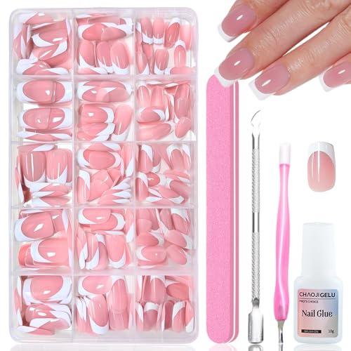 240 Stück Rosa French Künstliche Nägel zum aufkleben - Kurz Square Press on Nails Kunstnägel, Full Cover Soft Gel Fingernägel, mit Nagelkleber - 15 Größen Fake Nägeln für Frauen DIY Nageldesign