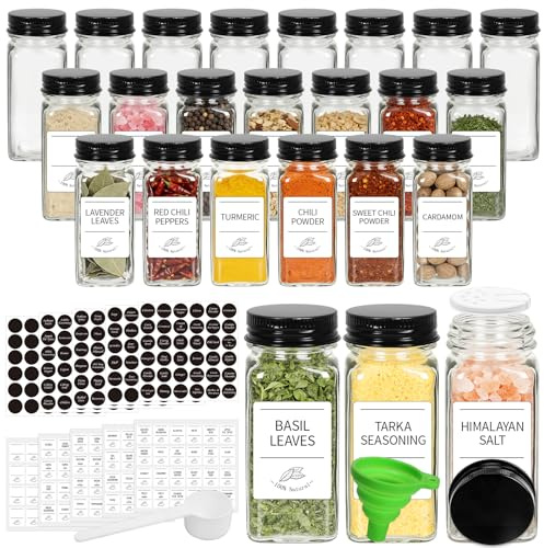 EkkoVla 120ml Square Glass Spice Jars with Black Airtight Lids, 24 Pack – Pre-Printed Labels, Silicone Funnel & Spoon for Kitchen Storage, Herbs & Spices