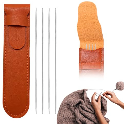 5 Stück Edelstahl Stricknadeln, Doppelspitzen Stricknadel mit Orangefarbene Aufbewahrungstasche aus Leder, Stricknadeln Set 2,5 mm 15cm für Socken Hüte Schals Handschuhe