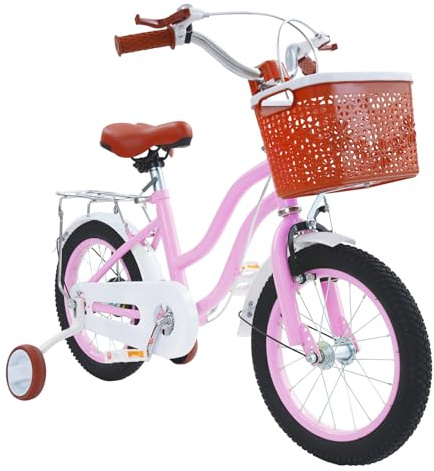 TONFEION Kinderfahrrad 14 Zoll mit Stützrädern, Rücksitz & Korb, für Jungen & Mädchen ab 3-7 Jahre, Höhenverstellbar 43-49cm, Tragfähigkeit 60 kg, Ideal für Gleichgewicht & Fahrradtraining (Rosa)