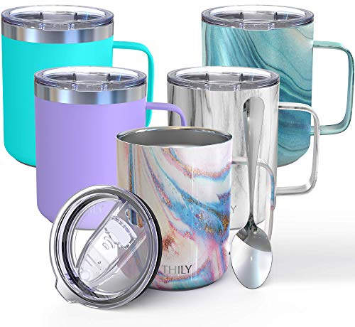 THILY Thermobecher aus Edelstahl, 340 ml, vakuumisoliert, mit Griff, auslaufsicherer Deckel, hält Kaffee kalt oder heiß, rosa Ripple
