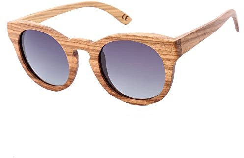 Mini Tree Lunettes de soleil rondes polarisées pour hommes et femmes Rétro faites à la main - En bois de noyer de catégorie 3 - Avec étui en bambou UV400, Cadre en bois et verre gris