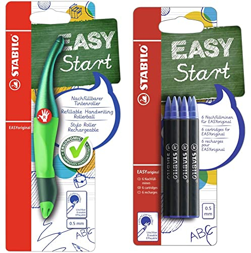 STABILO - Ergonomischer Tintenroller für Rechtshänder - EASYoriginal Holograph in grün - blau (löschbar) - inkl. Patrone + EASYoriginal Refill - medium - 6er Pack