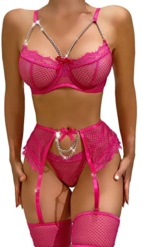 Aranmei Set di lingerie da donna con polsini alla coscia, biancheria intima sexy, set di biancheria intima da donna, set di 4 pezzi con reggicalze, Rosso rosato, L