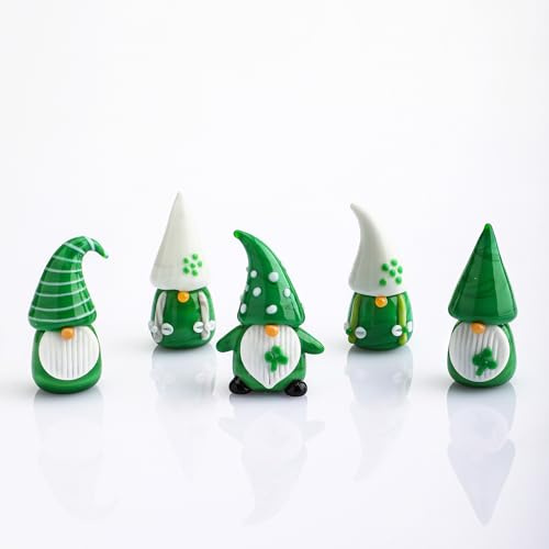 H&D HYALINE & DORA St Patrick's Day Gnomes Decorations 5Pcs Mini Blown Glass Gnomes Figurines Irish Green Clover Gnomes Figurines for Home Table, St Patrick's Day Ornaments