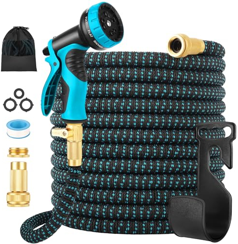 Garden Hose, VEIOK Upgraded 4-Layer Latex Hose Pipe, 100FT Expandable Garden Hose with 10 Function Nozzle, 3/4 1/2 Brass Connectors, Leak-Proof Flexible Hose Pipe for Gardening, Car Washing(Blue)