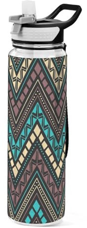 Mnsruu Transparente Sport-Wasserflasche mit Strohhalm, auslaufsichere Trinkflasche, horizontale Linien, Zick-Zack, ethnisch, Tribal, geometrische Fahrradflaschen für Sport, Büro, Schule, BPA-freier