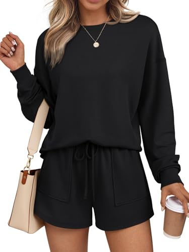 LILLUSORY Lounge Sets for Women Sweat Matching Two Piece Short Set Sweatsuits 2 Piece Pajama Casual Fall Fashion Outfits 2026 Clothes with Pocket Black L