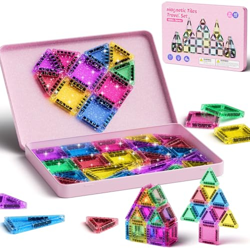 Set di 42 piastrelle magnetiche da viaggio con glitter da viaggio, per bambini, menta, piastrelle magnetiche con base in ferro, mattoncini da costruzione magnetici, giocattolo da viaggio, regalo per 3