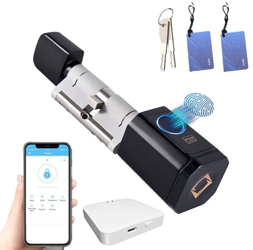 Billg Serrure Connectée, Wi-FI Serrure Biométrique avec Passerelle, Empreinte, App Bluetooth, Carte et Clés, Cylindre Connecté pour Portes de 60-100mm, Serrure Empreinte Digitale Alliage d’Aluminium