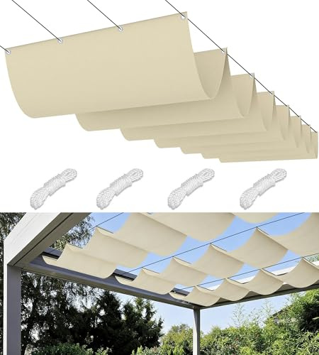 Retráctil Toldo Vela Rectangular 0.7x3.5M Toldos Exterior Terraza Impermeable Ondulada Toldo Vela de Sombra con Ojales y Cuerdas 95% protección UV para Exterior Patio jardín Crema