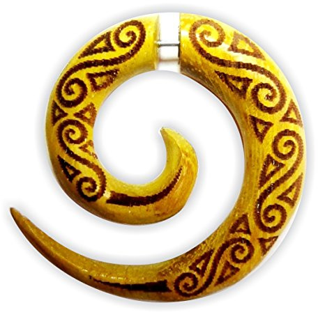 CHICNET Faux piercing en bois de Jackfruit en acier inoxydable sculpté à la main - Grand ocre marron gravé - Pour homme et femme - Écarteur en forme de spirale - Unisexe, Bois