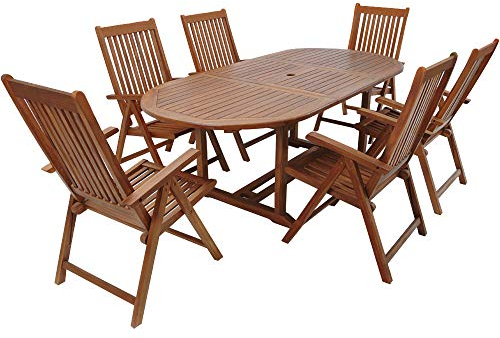Casaria® Gartenstuhl Tisch Set Holz 6 Personen Wetterfest FSC®-Zertifiziert Schirmständer Armlehnen Klappstühle Garten Terrasse 7-TLG. Eukalyptus
