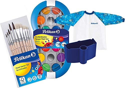 Pelikan Blue Space Farbkasten mit 12 Farben und 1 Deckweiß (im Set mit einem farblich passendem Special Limited Wasserbecher + großem Pinsel-Set + Schürze)