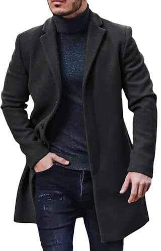 PASLTER Mens Trench Coat Slim Fit Notched Collar Fall Winter Single Breasted Pea Coat Warm Soft Overcoat