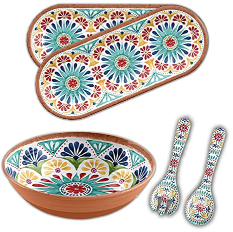 Purely Home Rio Medallion - Outdoor/Picnic/BBQ - Plastic/Melamine - 4 Piece - Salad Serving Set & Platters