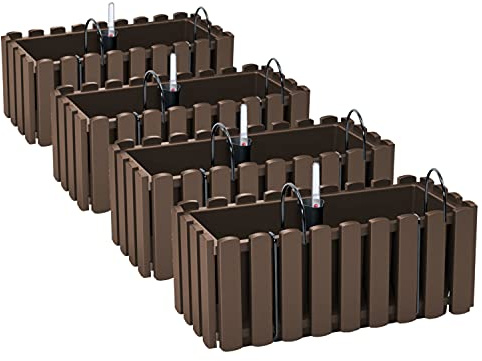 PAFEN 4 x blomlåda blomkruka med hållare – 38 x 18 x 16,2 cm – växtkruka bevattningssystem balkonglåda, brun
