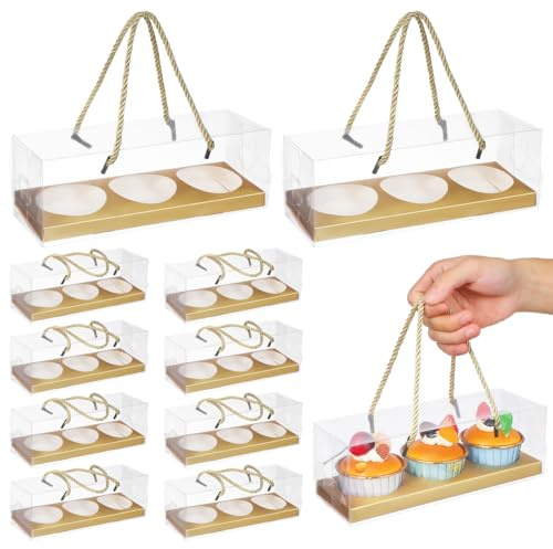 DOITOOL Egg Yolk Crisp Packaging Box 10-Pack 3-Compartment Cake Carrier with Handle 8.86X3.15X3.15 Inch Clear Portable Bakery Container for Mooncakes Pastries and Desserts