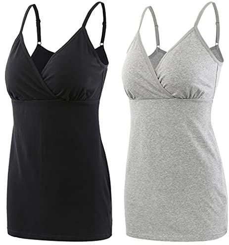 COLOMI Amning tanktops för moderskap integrerad bh för amning grundläggande kamisole, Svart/grå/2-pack, L